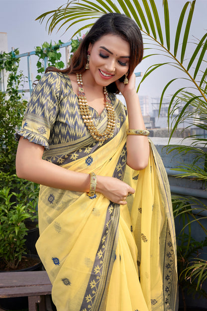 Handloom Cotton Silk Yellow Haldi Wear Saree