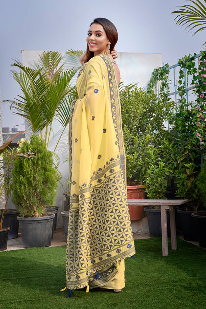 Handloom Cotton Silk Yellow Haldi Wear Saree