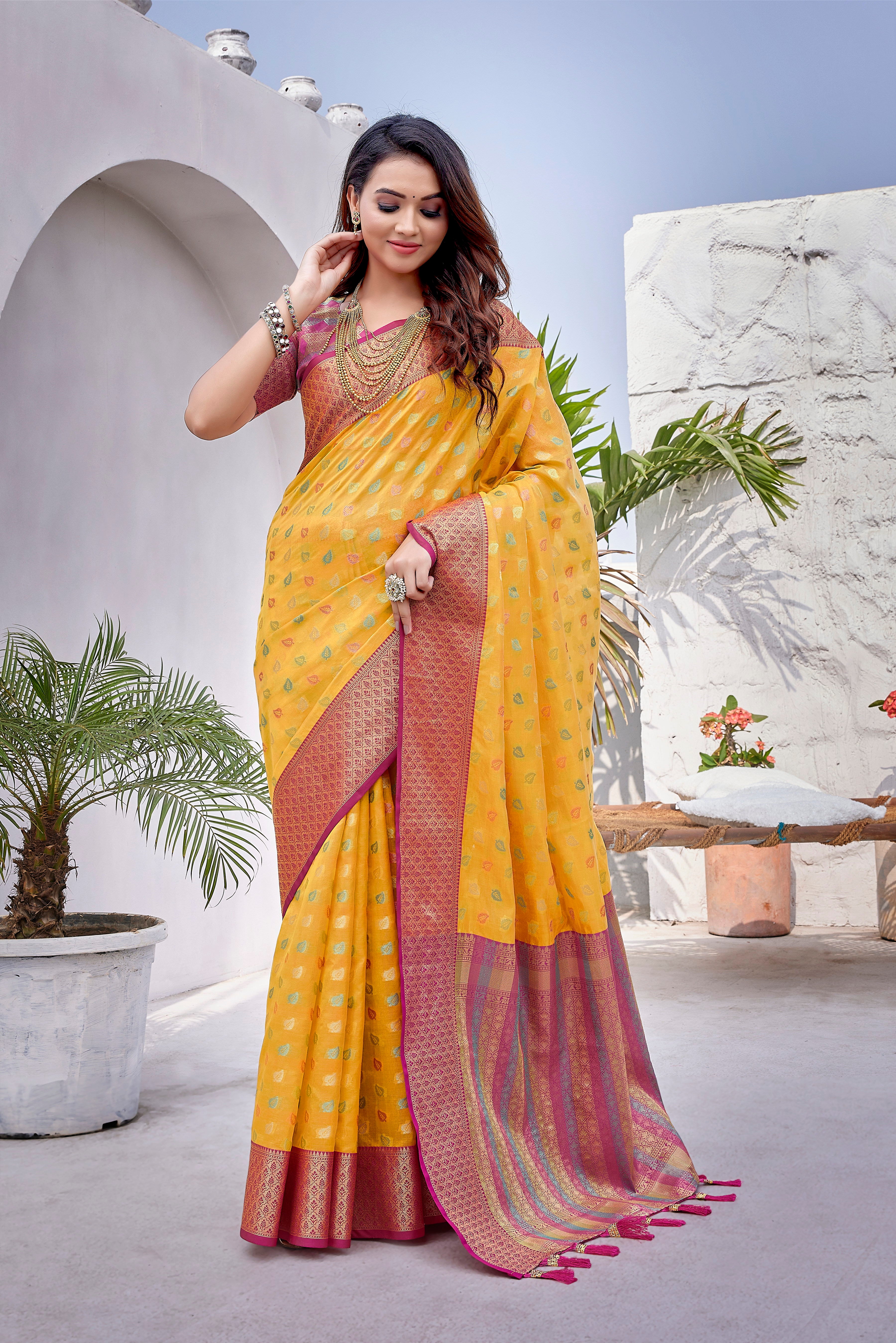 Traditional Yellow Color Pure Zarana Silk Saree