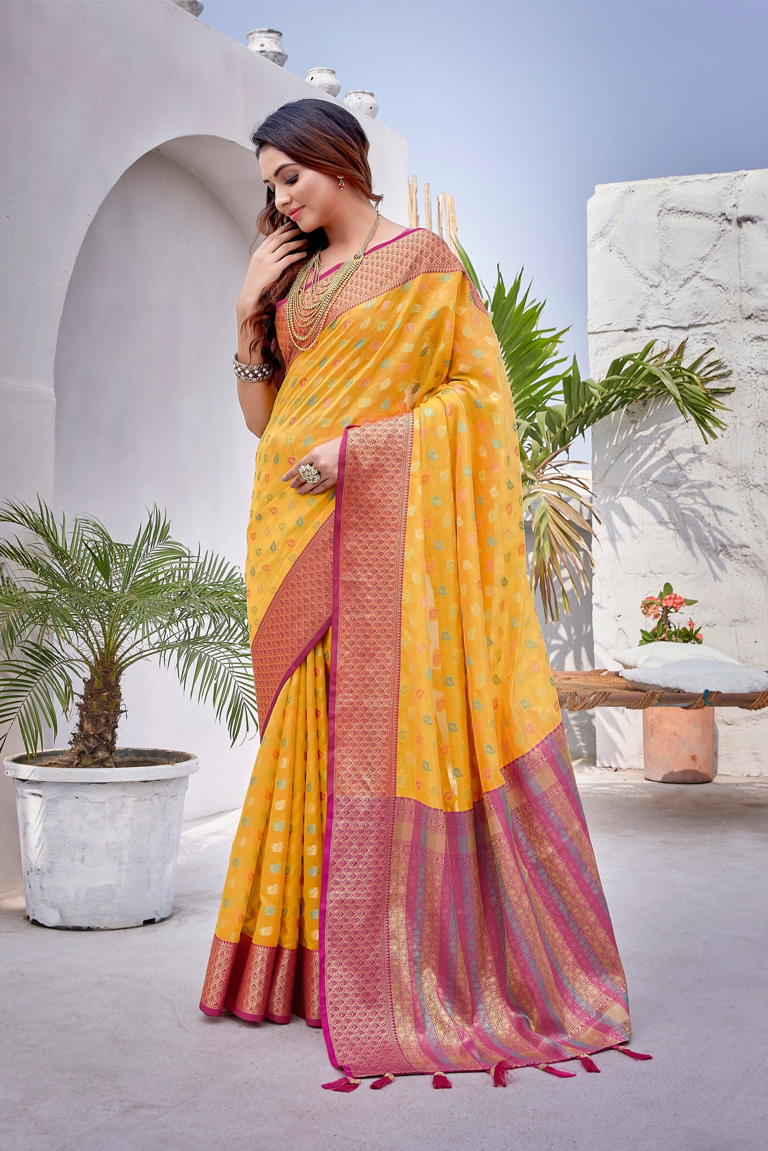 Traditional Yellow Color Pure Zarana Silk Saree