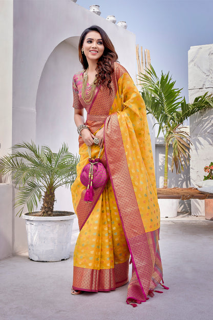 Traditional Yellow Color Pure Zarana Silk Saree