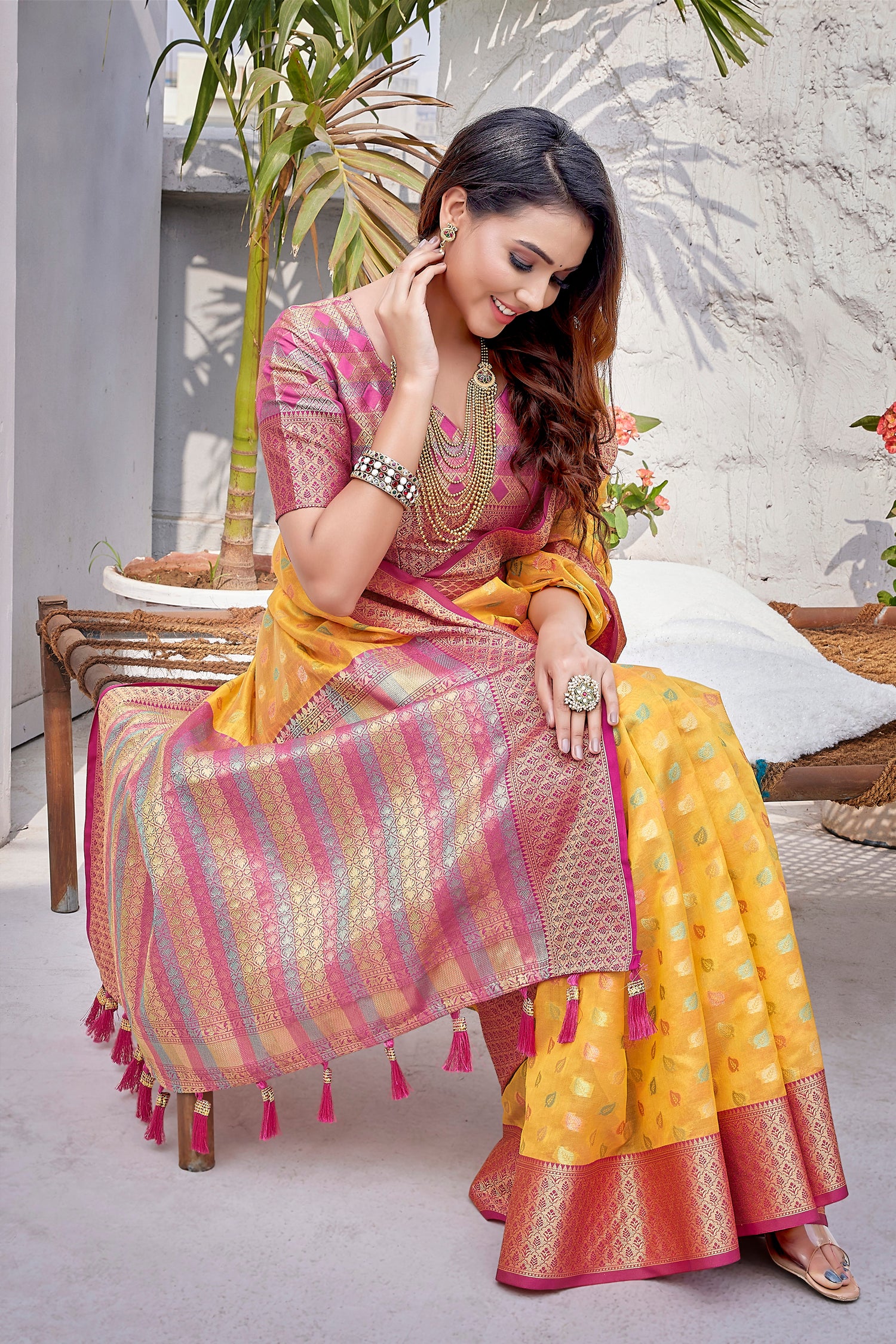 Traditional Yellow Color Pure Zarana Silk Saree