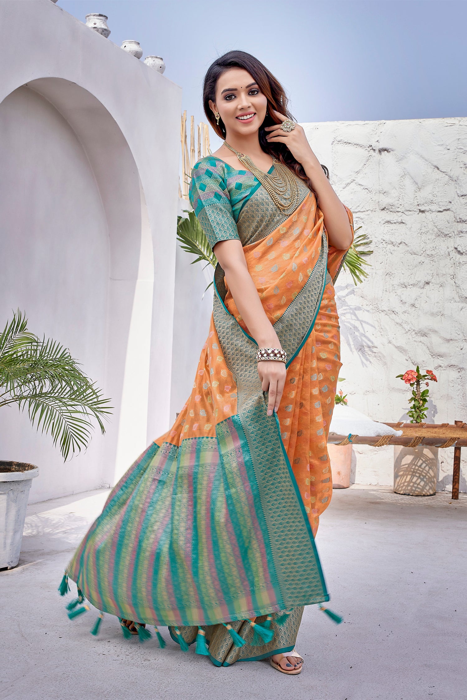 Orange Color Party Wear Zarna Silk Saree