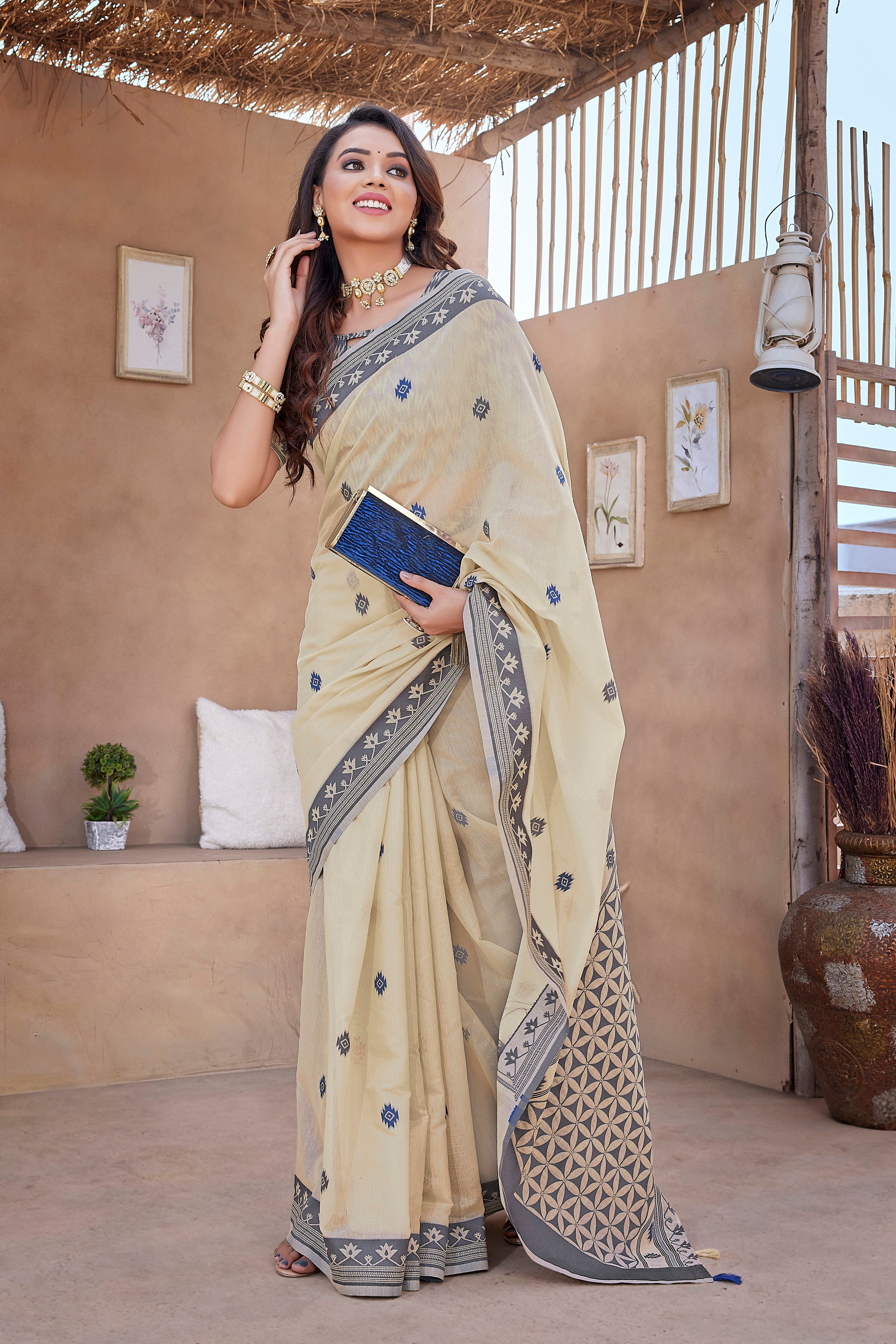 Handloom Cotton Silk Fancy  Cream Saree