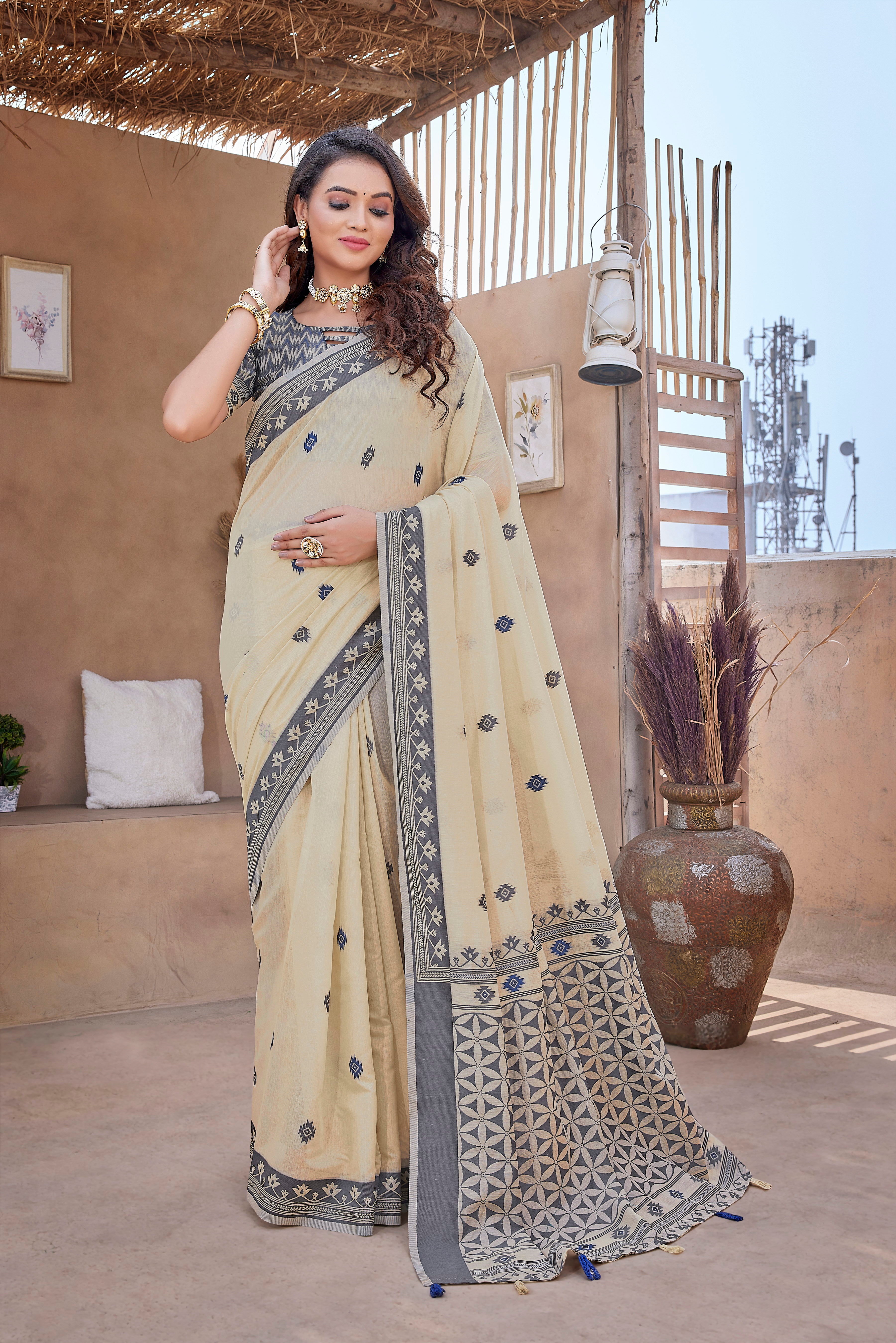 Handloom Cotton Silk Fancy  Cream Saree