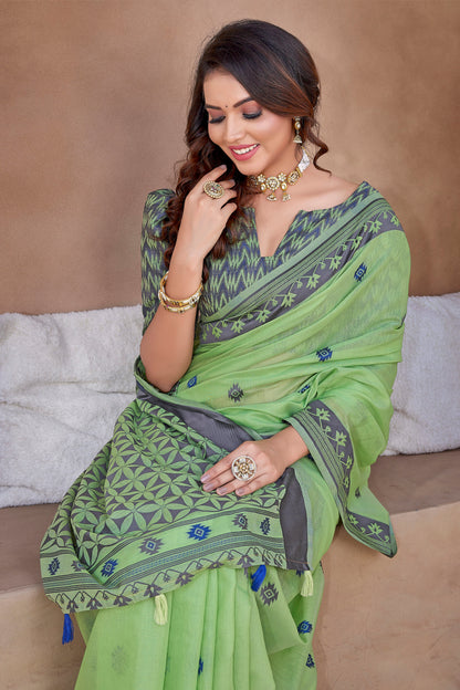 Green Color Handloom Cotton Silk Designer Saree