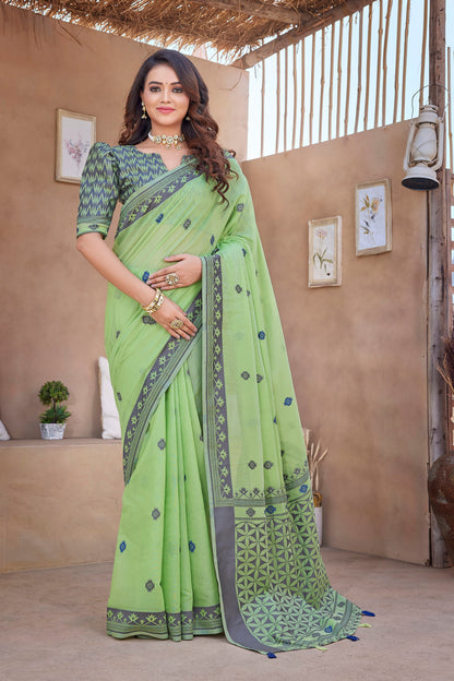 Green Color Handloom Cotton Silk Designer Saree