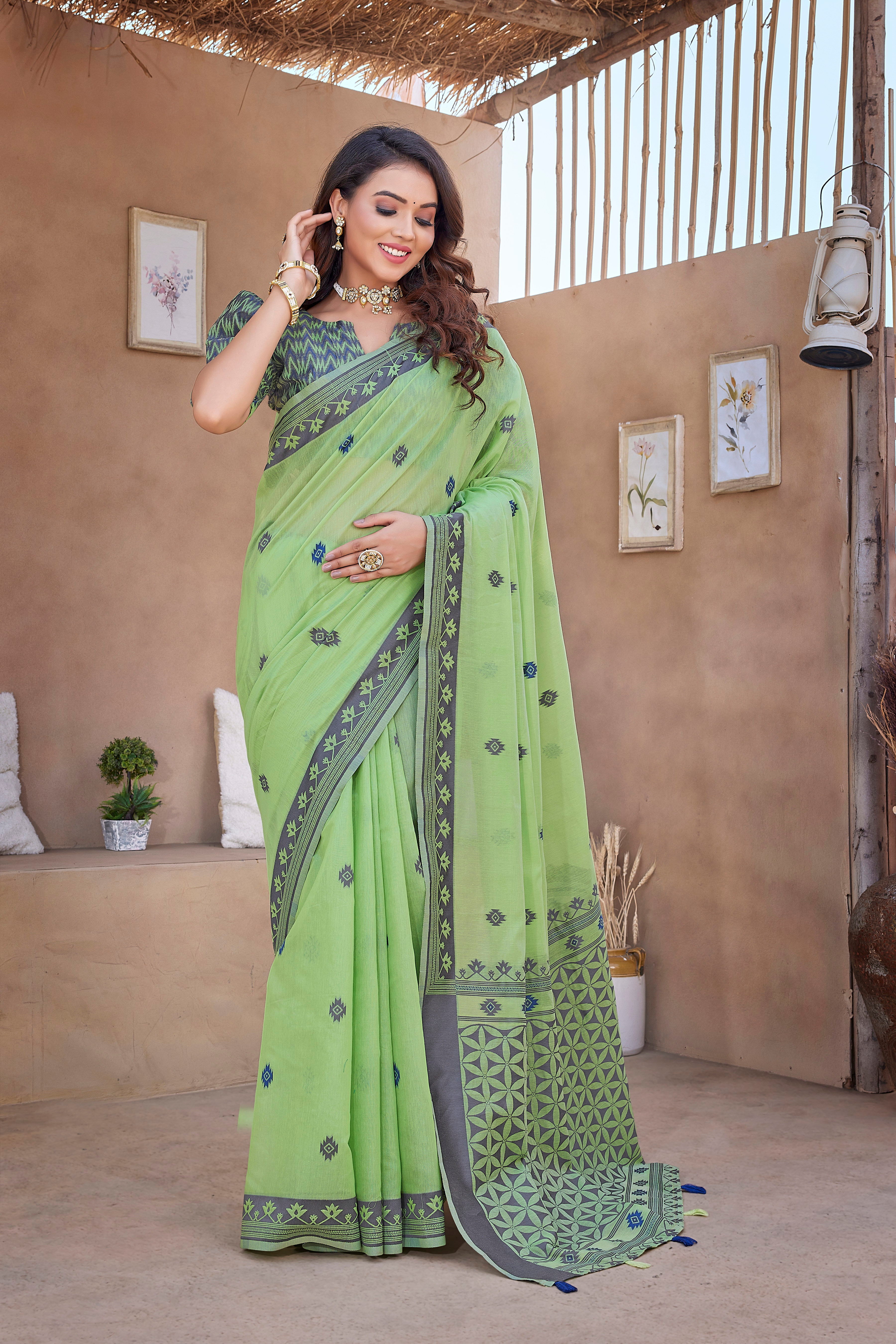 Green Color Handloom Cotton Silk Designer Saree