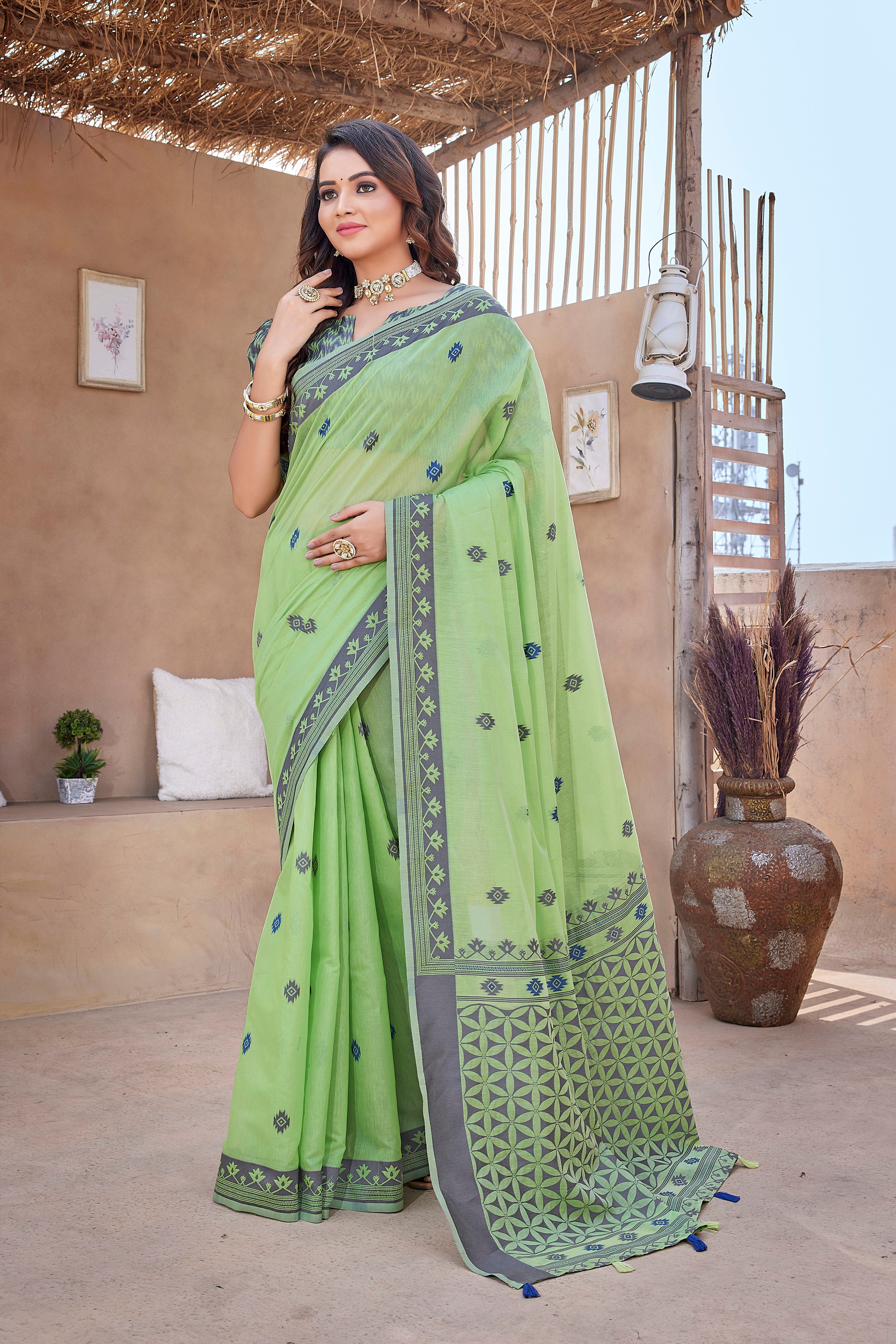 Green Color Handloom Cotton Silk Designer Saree