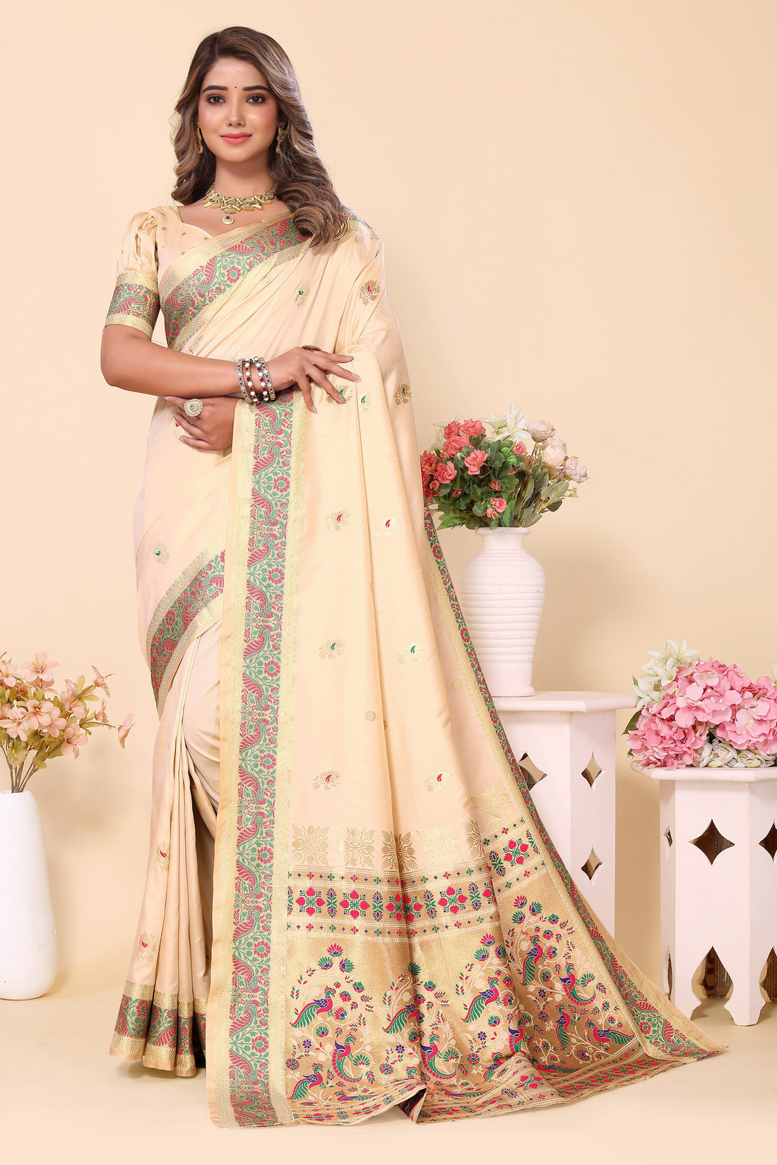 Stunning Cream Color Paithani Silk Saree