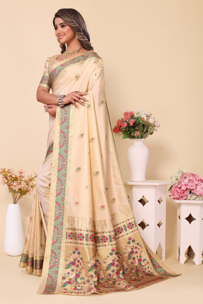 Stunning Cream Color Paithani Silk Saree