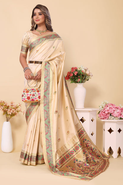 Stunning Cream Color Paithani Silk Saree