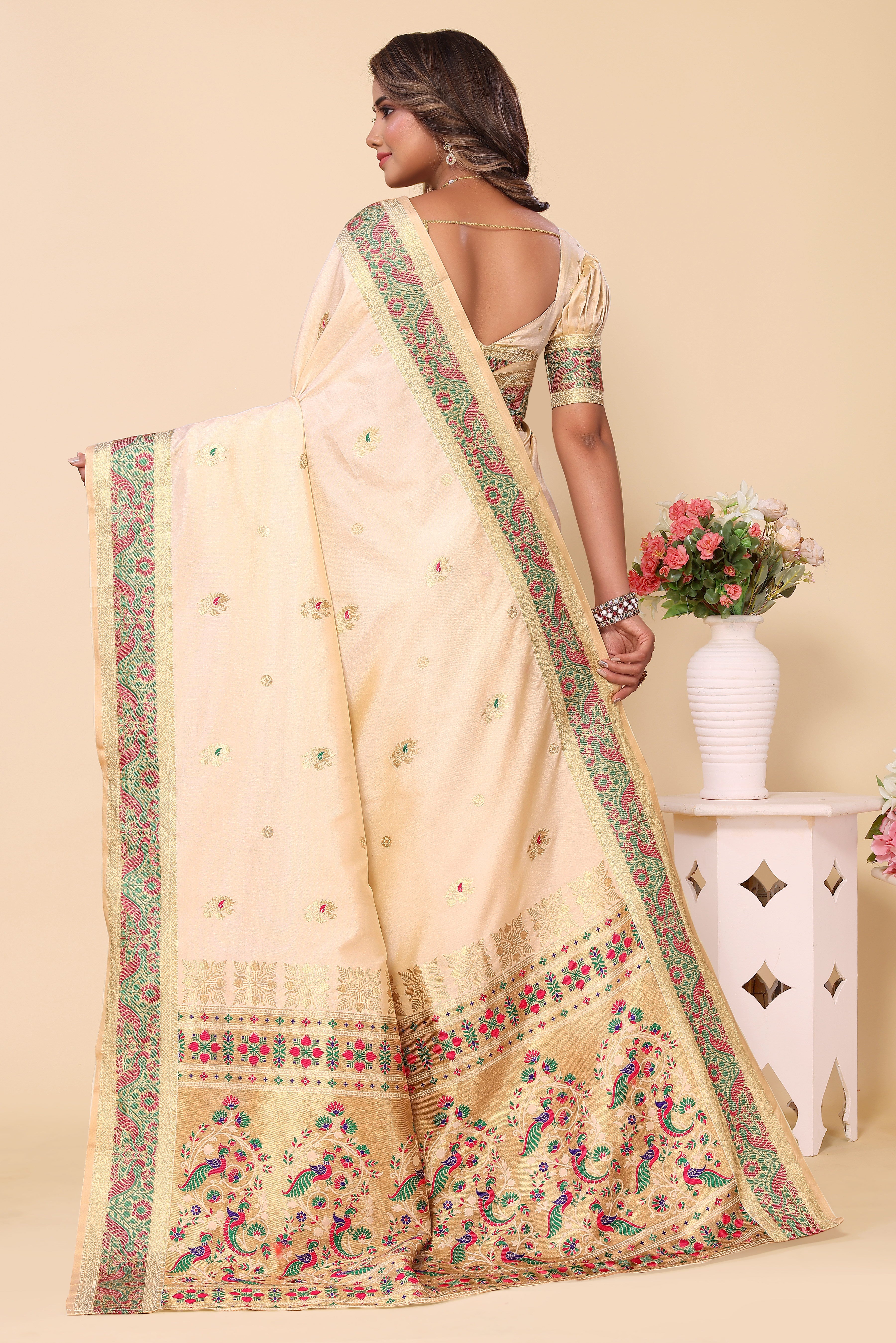 Stunning Cream Color Paithani Silk Saree