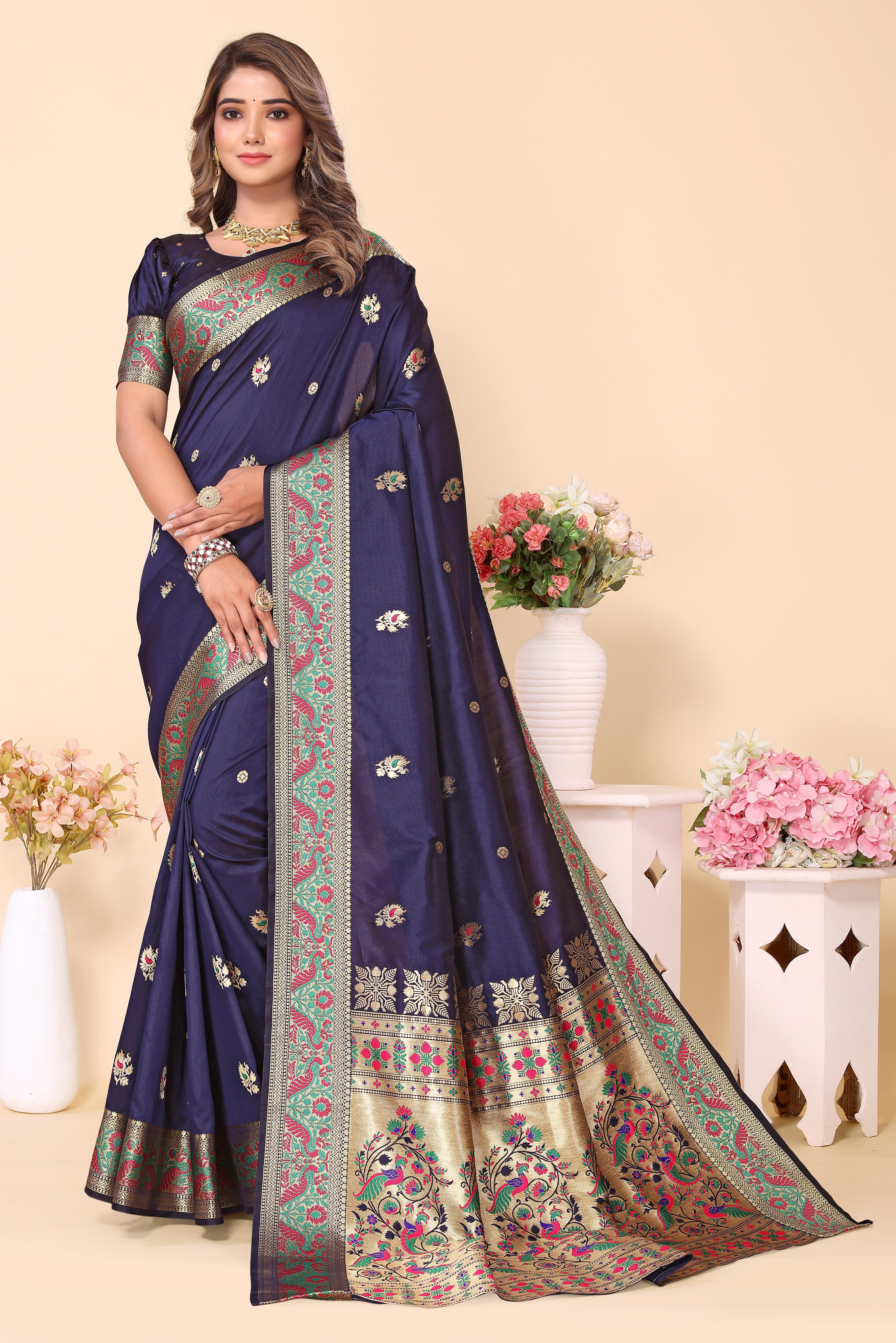 Paithani Silk Navy Blue Designer Saree