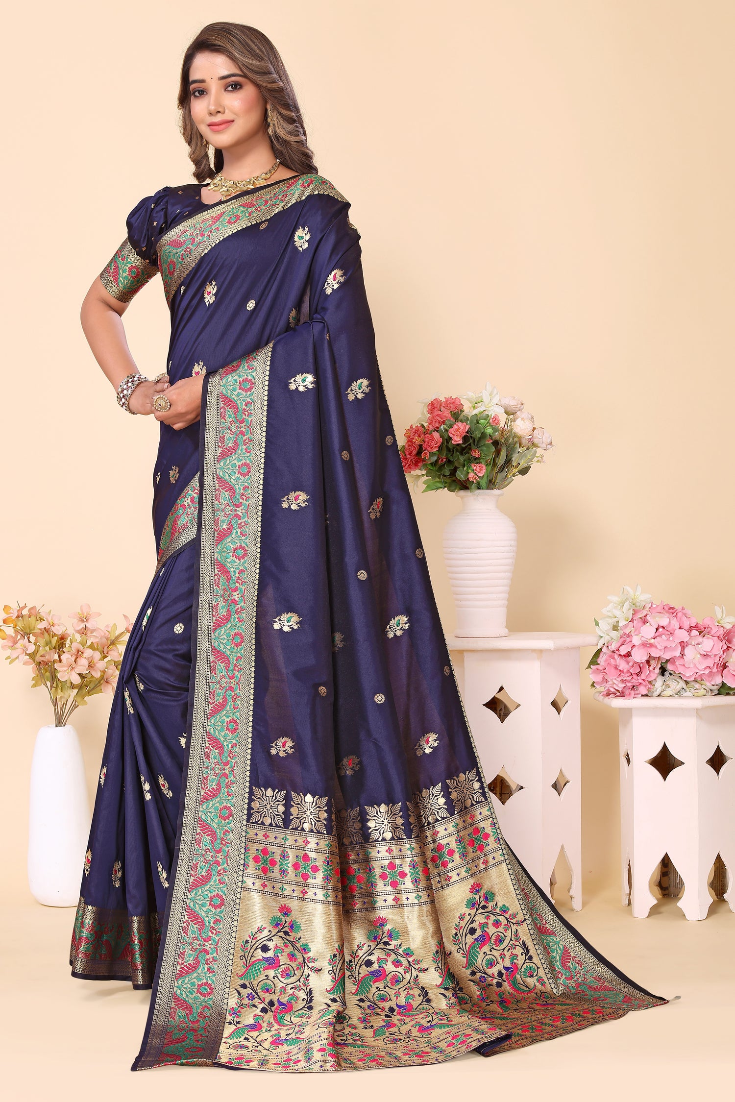 Paithani Silk Navy Blue Designer Saree