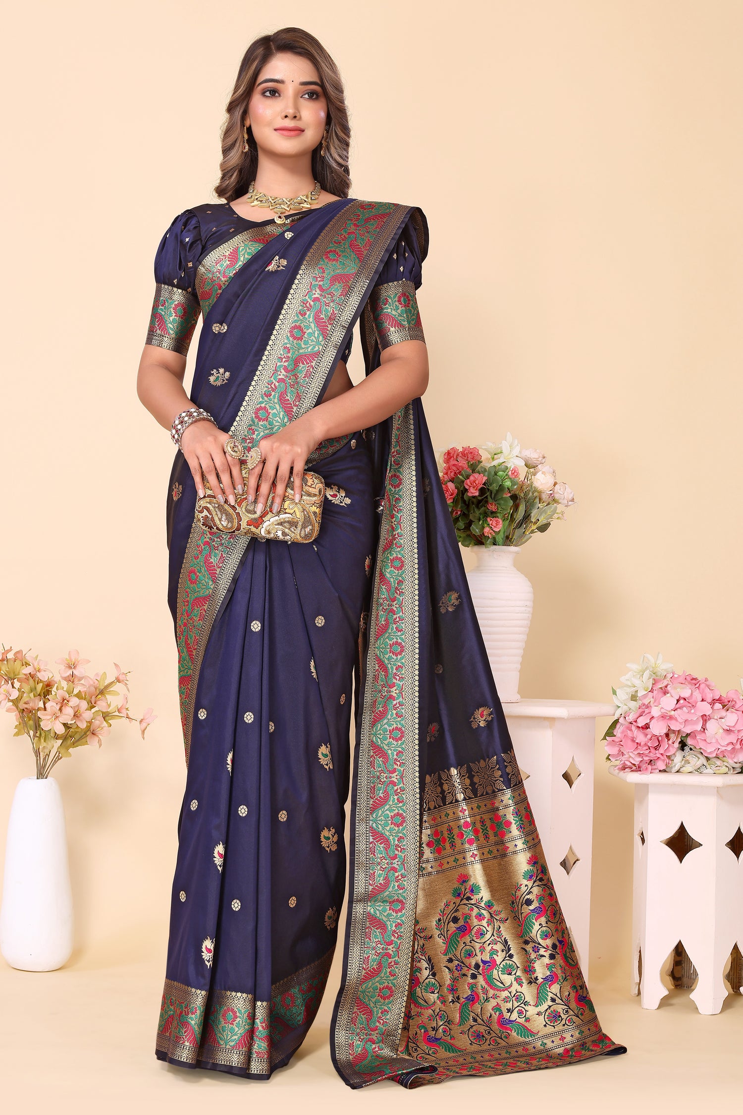 Paithani Silk Navy Blue Designer Saree