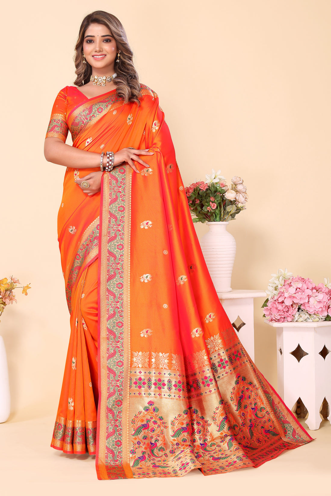 Orange Color Piathani Silk Designer Saree