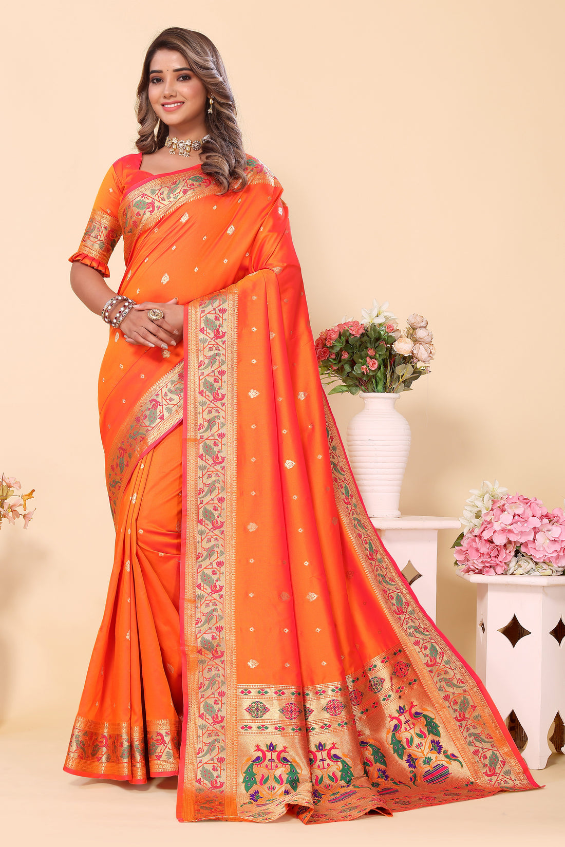 Stunning  Paithani Silk Orange Color Saree