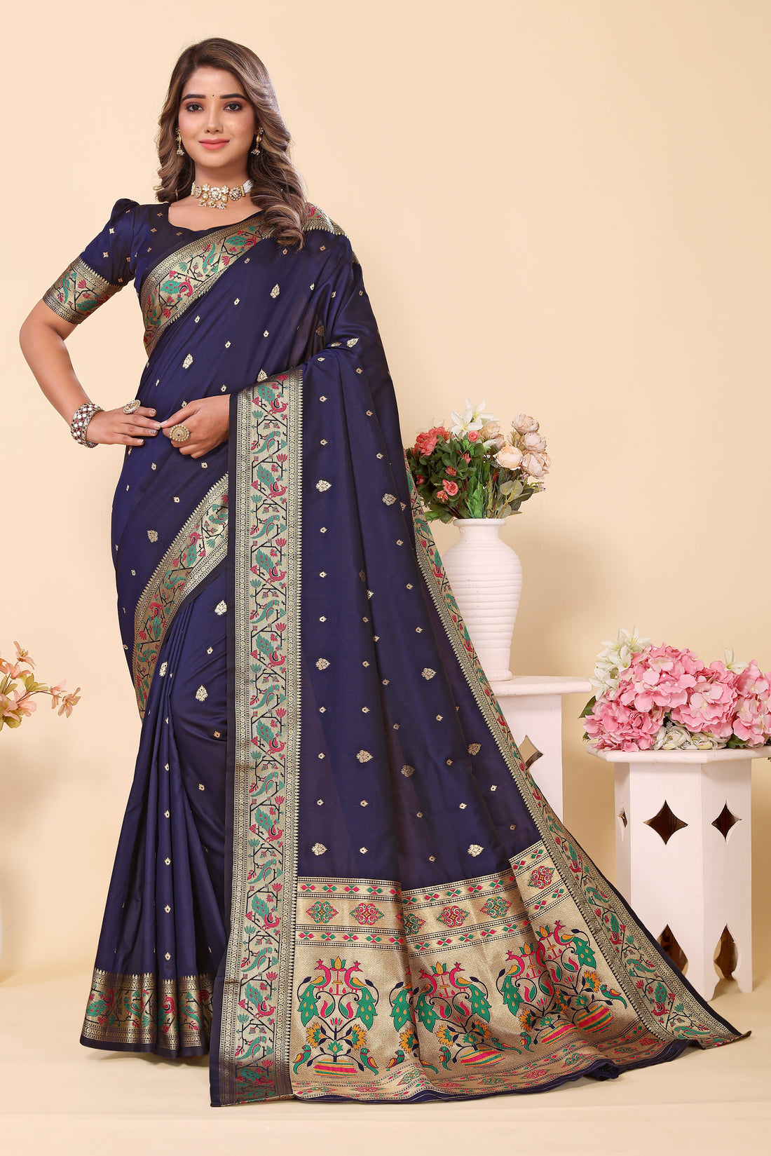 Navy Blue Heavy Paithani Silk Saree