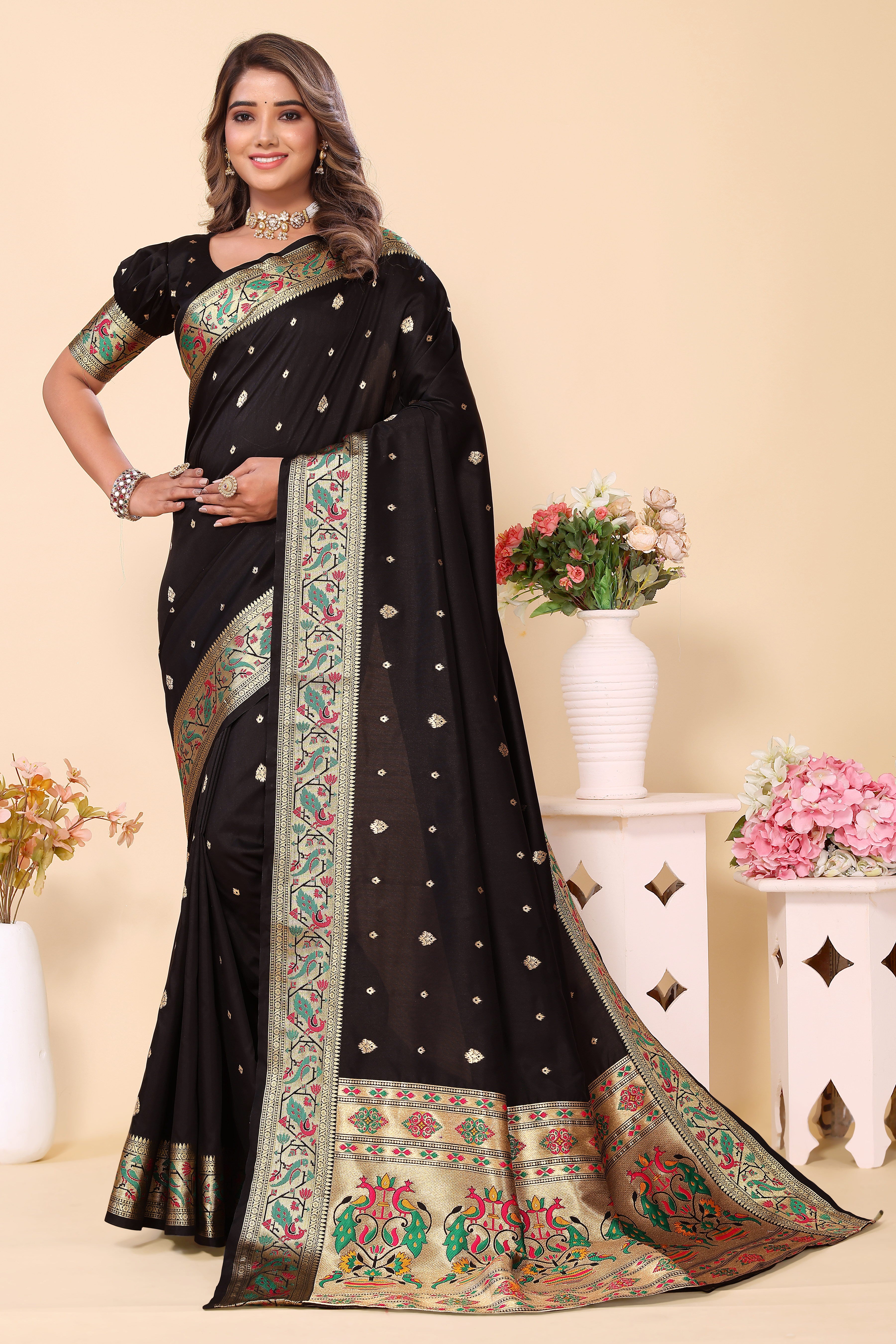 Graceful Black Paithani Silk Stylish Saree