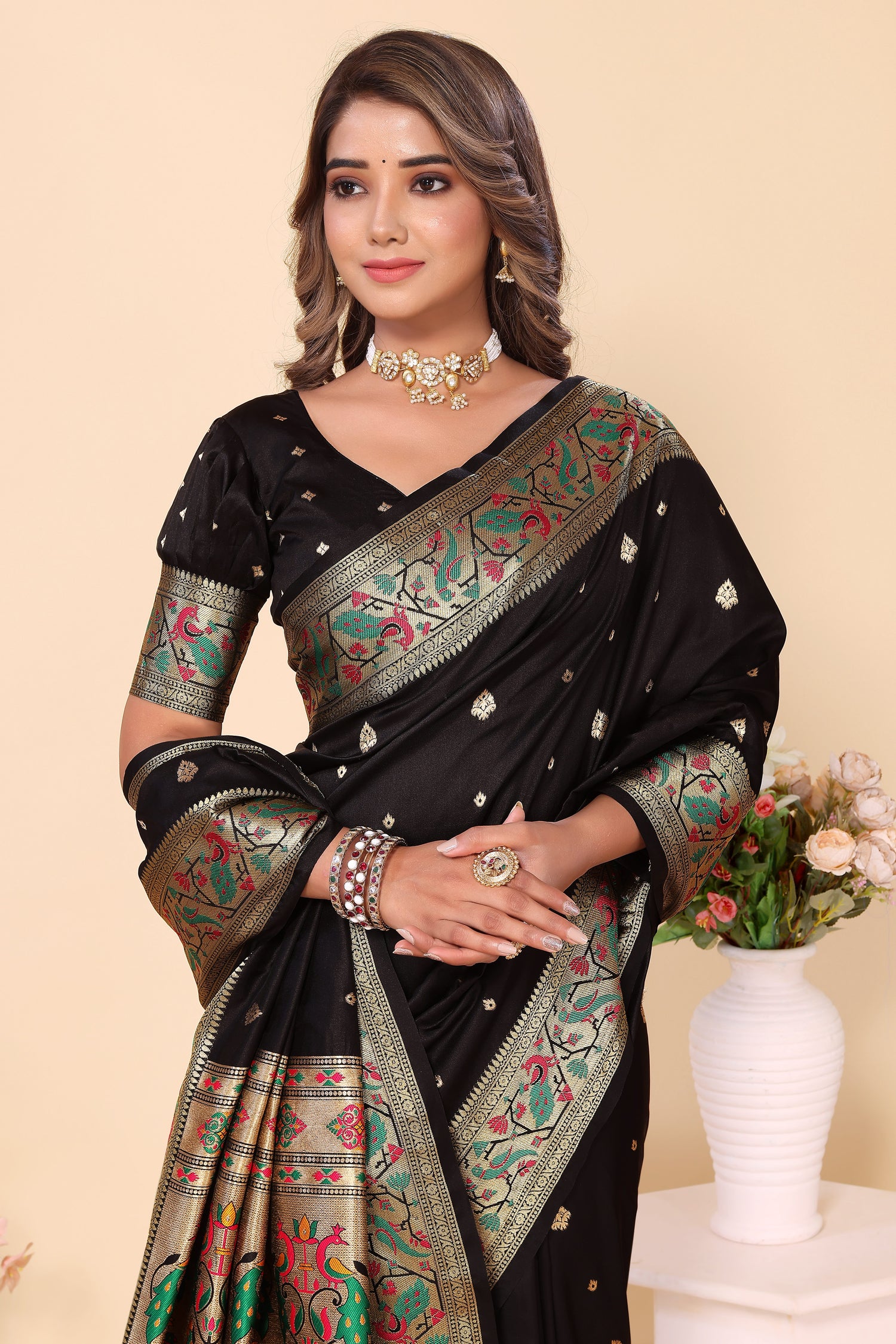 Graceful Black Paithani Silk Stylish Saree