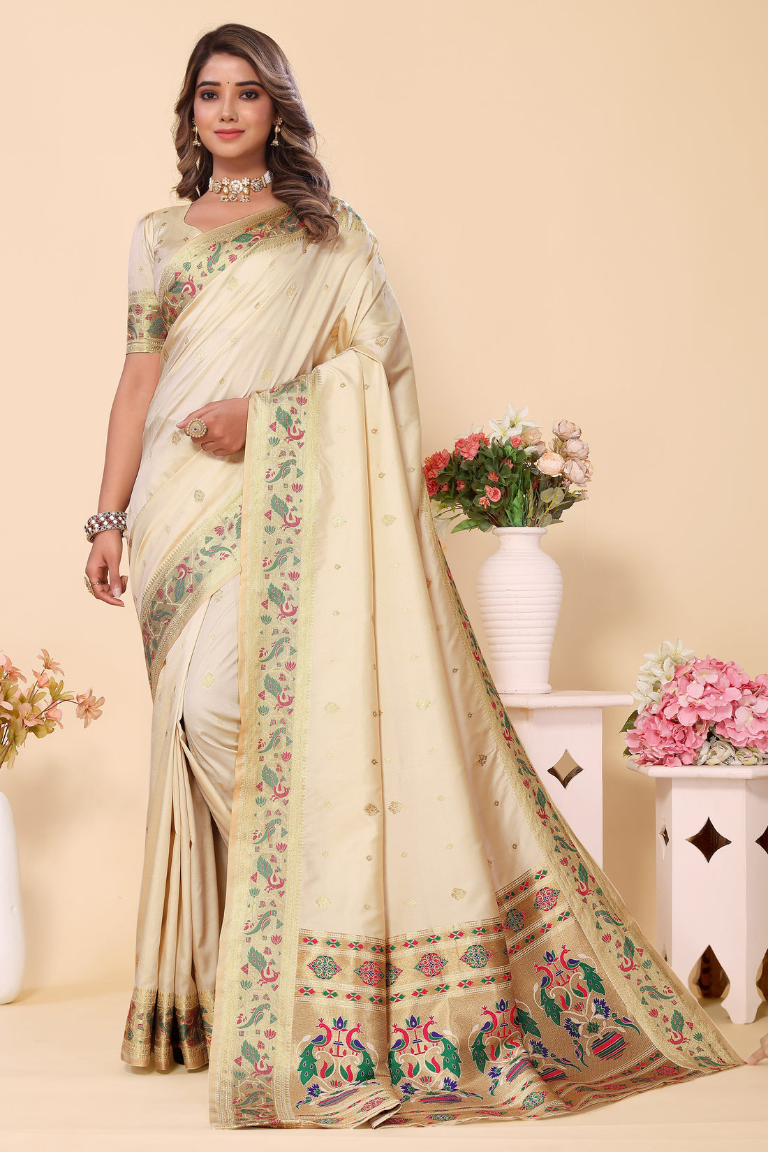 Wedding Wear Paithani Silk Cream Saree