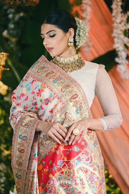 Beautiful Designer Paithani Silk White - Gold Saree