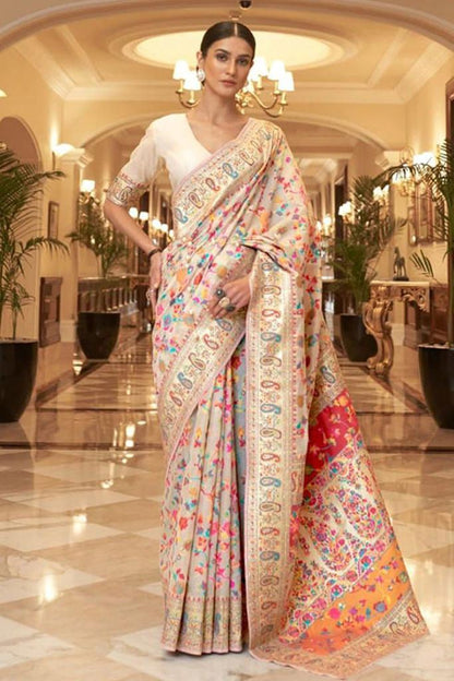 Beautiful Designer Paithani Silk White - Gold Saree