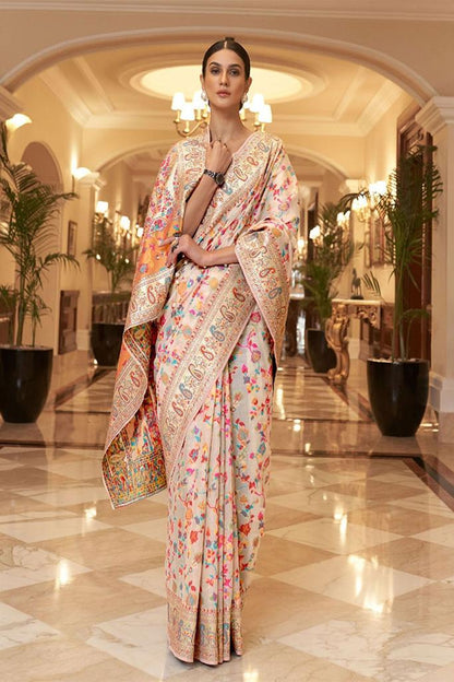 Beautiful Designer Paithani Silk White - Gold Saree