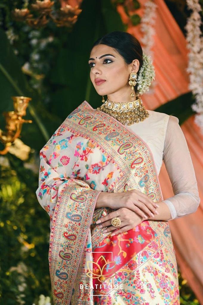 Beautiful Designer Paithani Silk White - Gold Saree