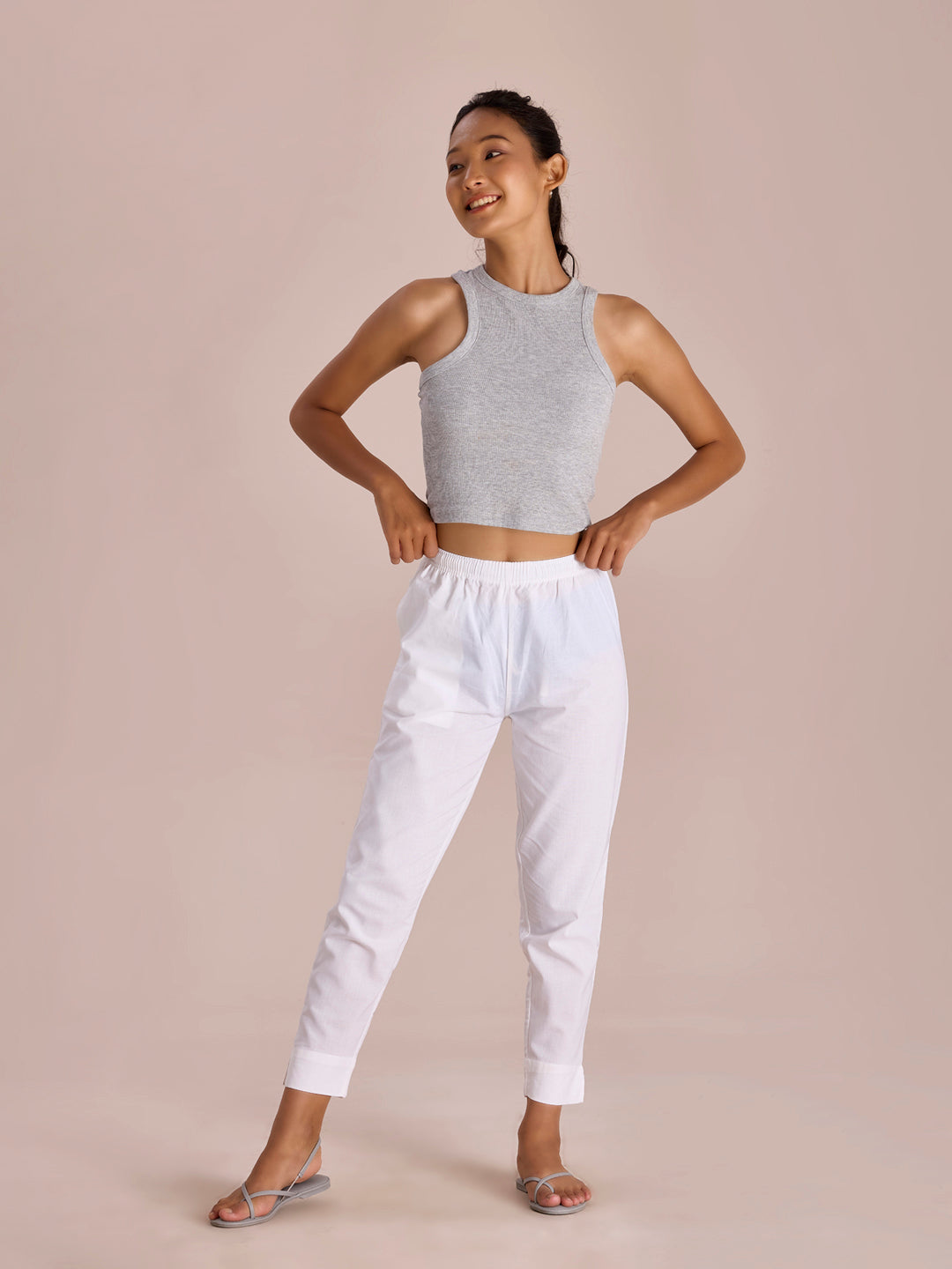 Mid-Rise Cropped Cotton Pant Trousers (White)