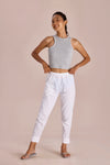 Mid-Rise Cropped Cotton Pant Trousers (White)