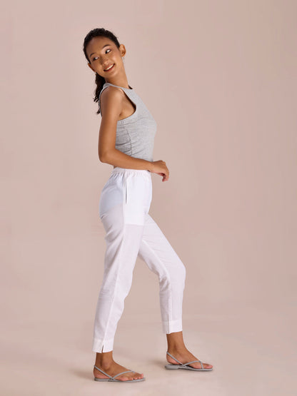 Mid-Rise Cropped Cotton Pant Trousers (White)