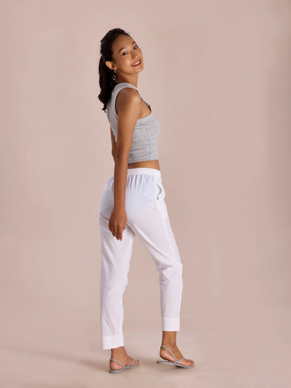 Mid-Rise Cropped Cotton Pant Trousers (White)