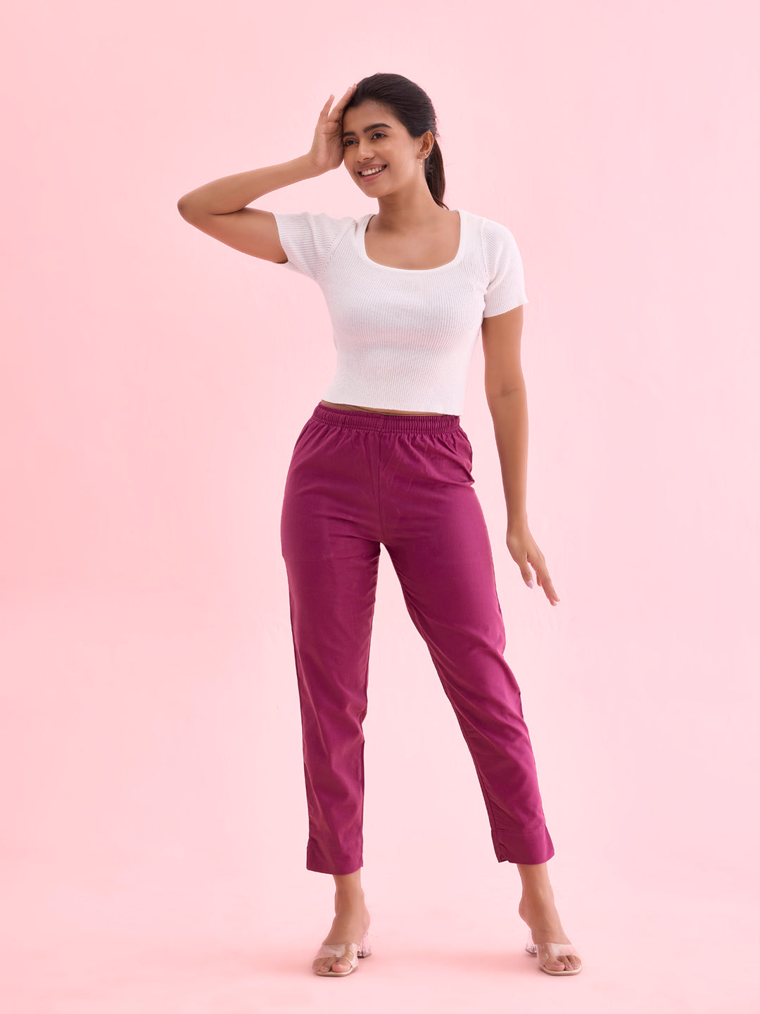 Mid-Rise Cropped Cotton Pant Trousers (Wine)