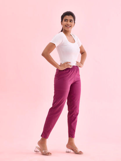 Mid-Rise Cropped Cotton Pant Trousers (Wine)