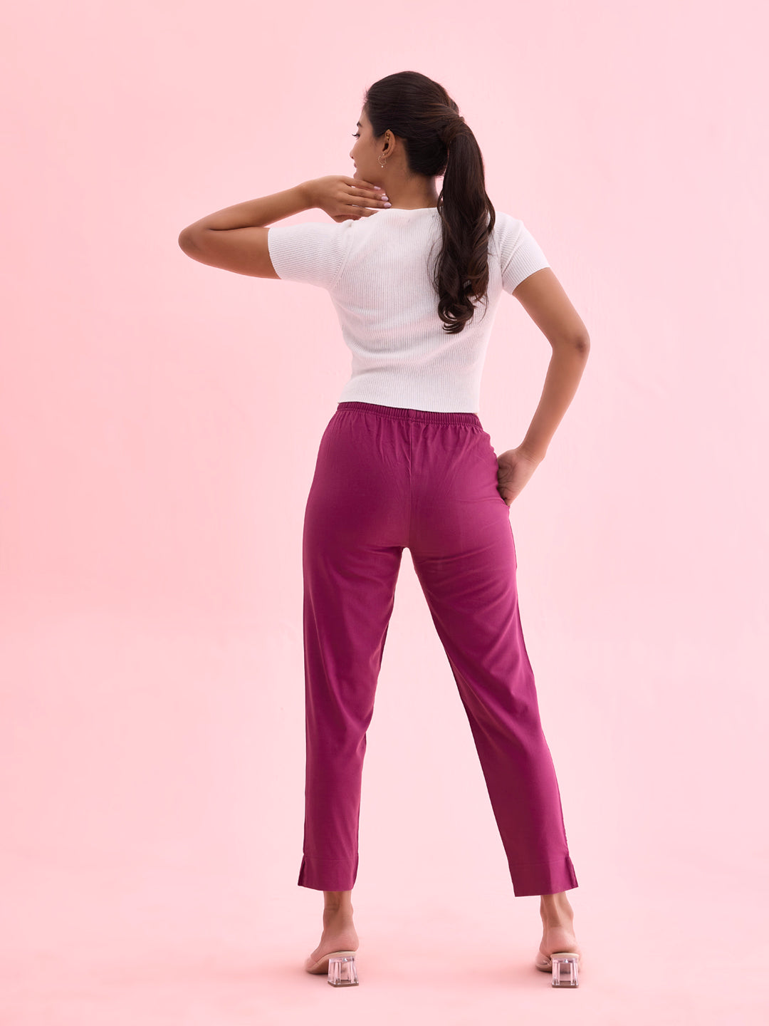 Mid-Rise Cropped Cotton Pant Trousers (Wine)