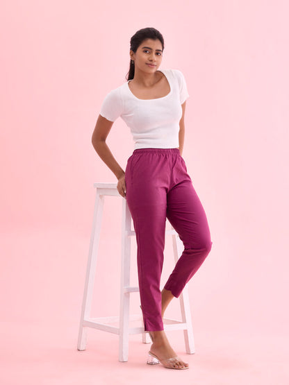 Mid-Rise Cropped Cotton Pant Trousers (Wine)