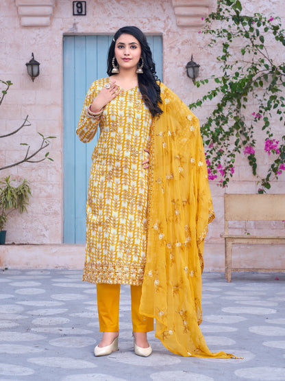 Floral Printed Yellow Cotton Straight Suit Set