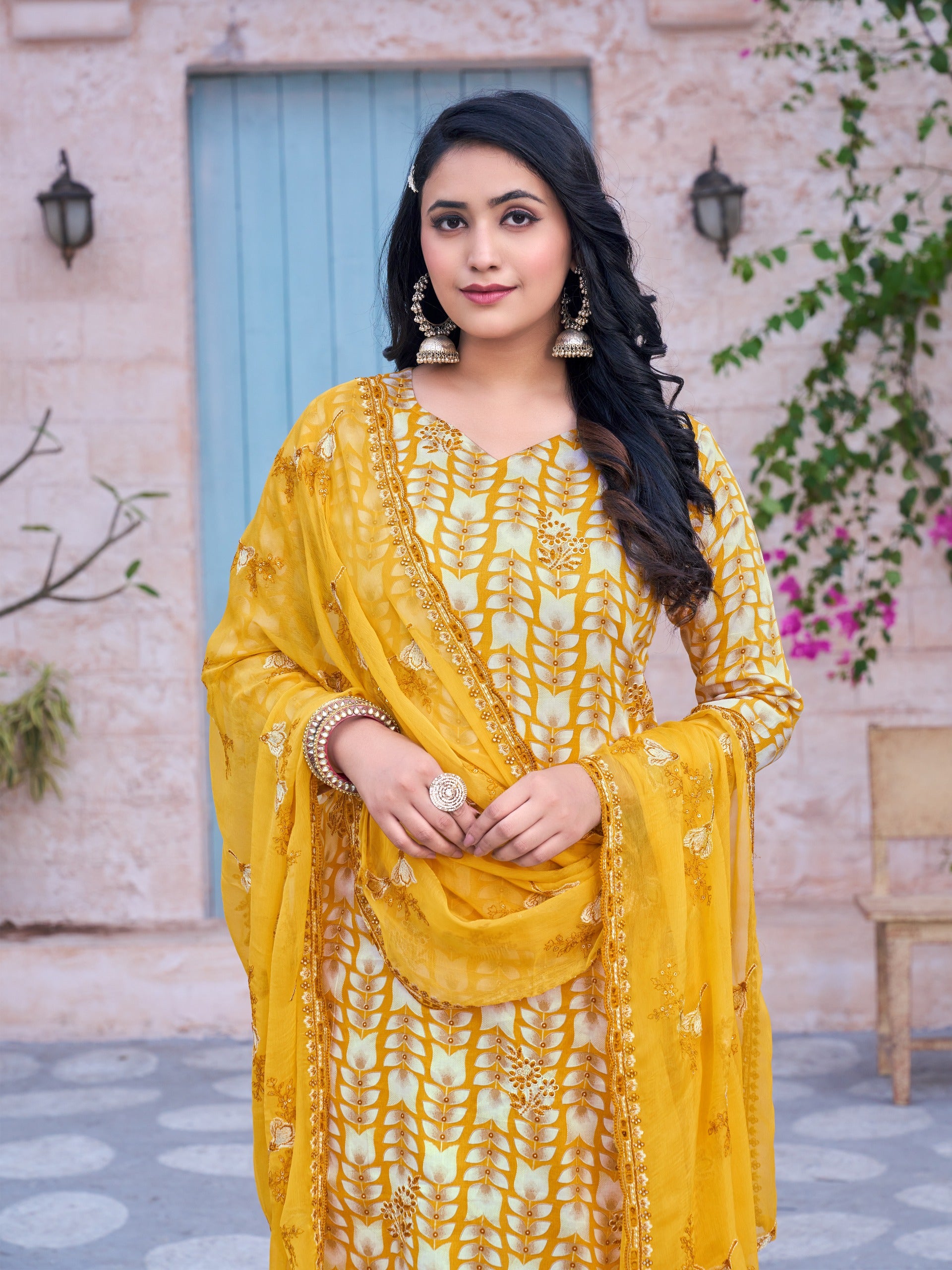 Floral Printed Yellow Cotton Straight Suit Set