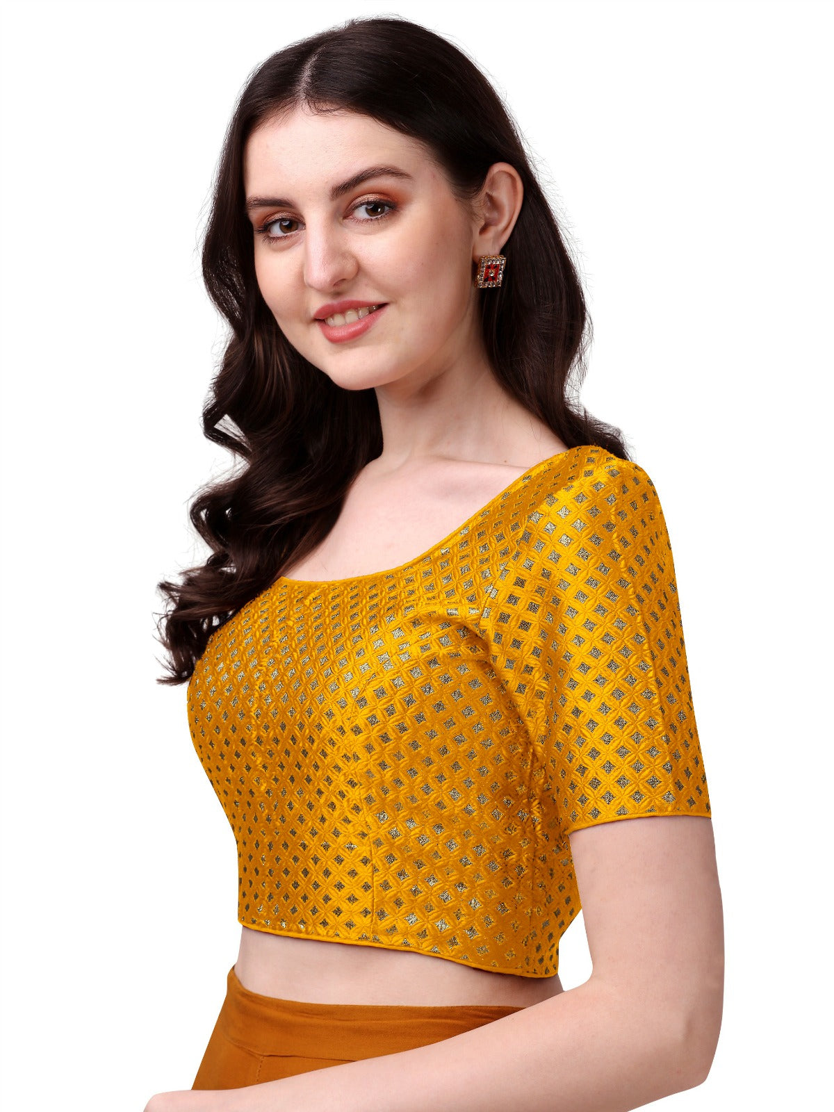 Gorgeous Yellow Color Boat Neck Brocade Readymade Blouse