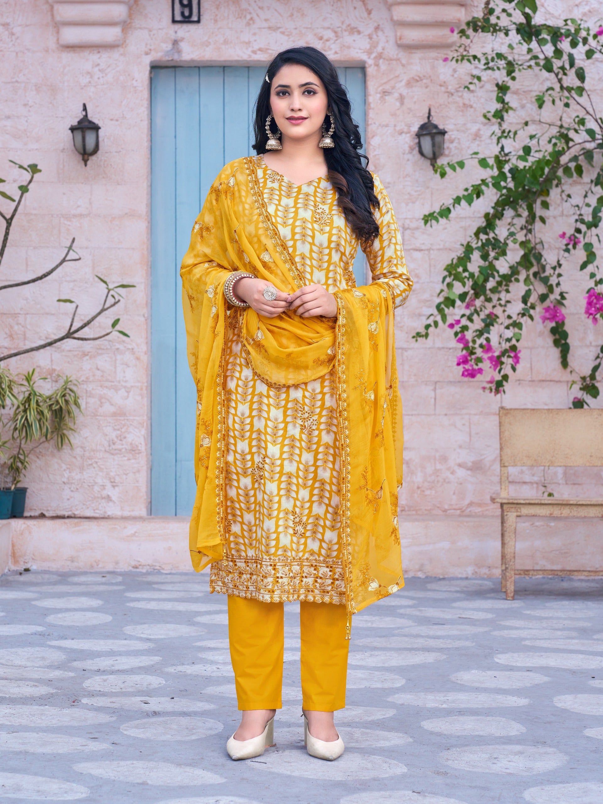 Floral Printed Yellow Cotton Straight Suit Set