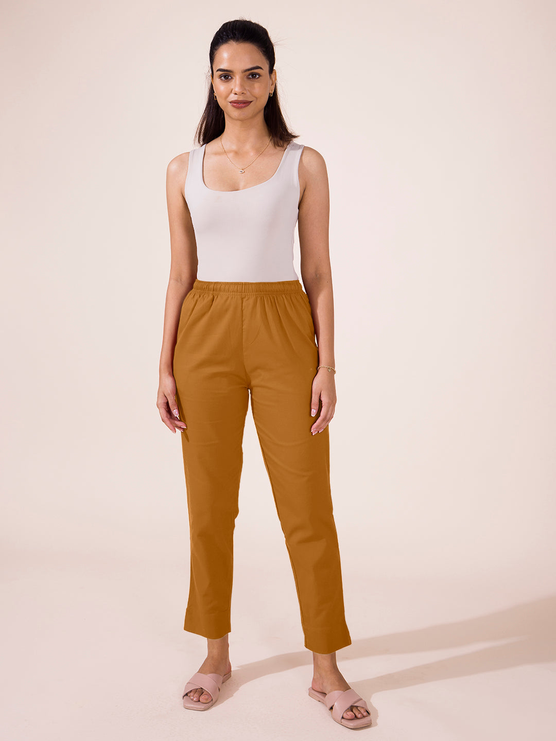 Mid-Rise Cropped Cotton Pant Trousers (Mustard)