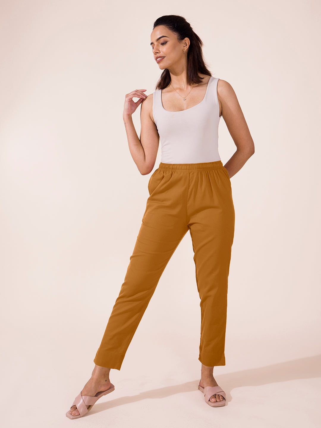 Mid-Rise Cropped Cotton Pant Trousers (Mustard)