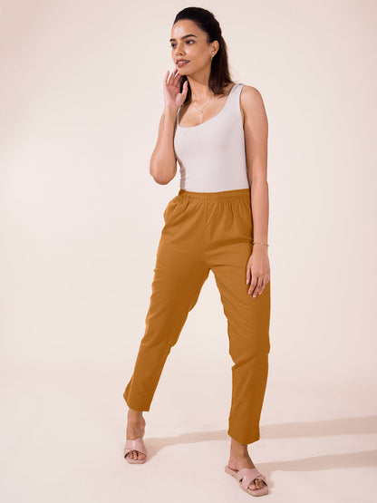 Mid-Rise Cropped Cotton Pant Trousers (Mustard)