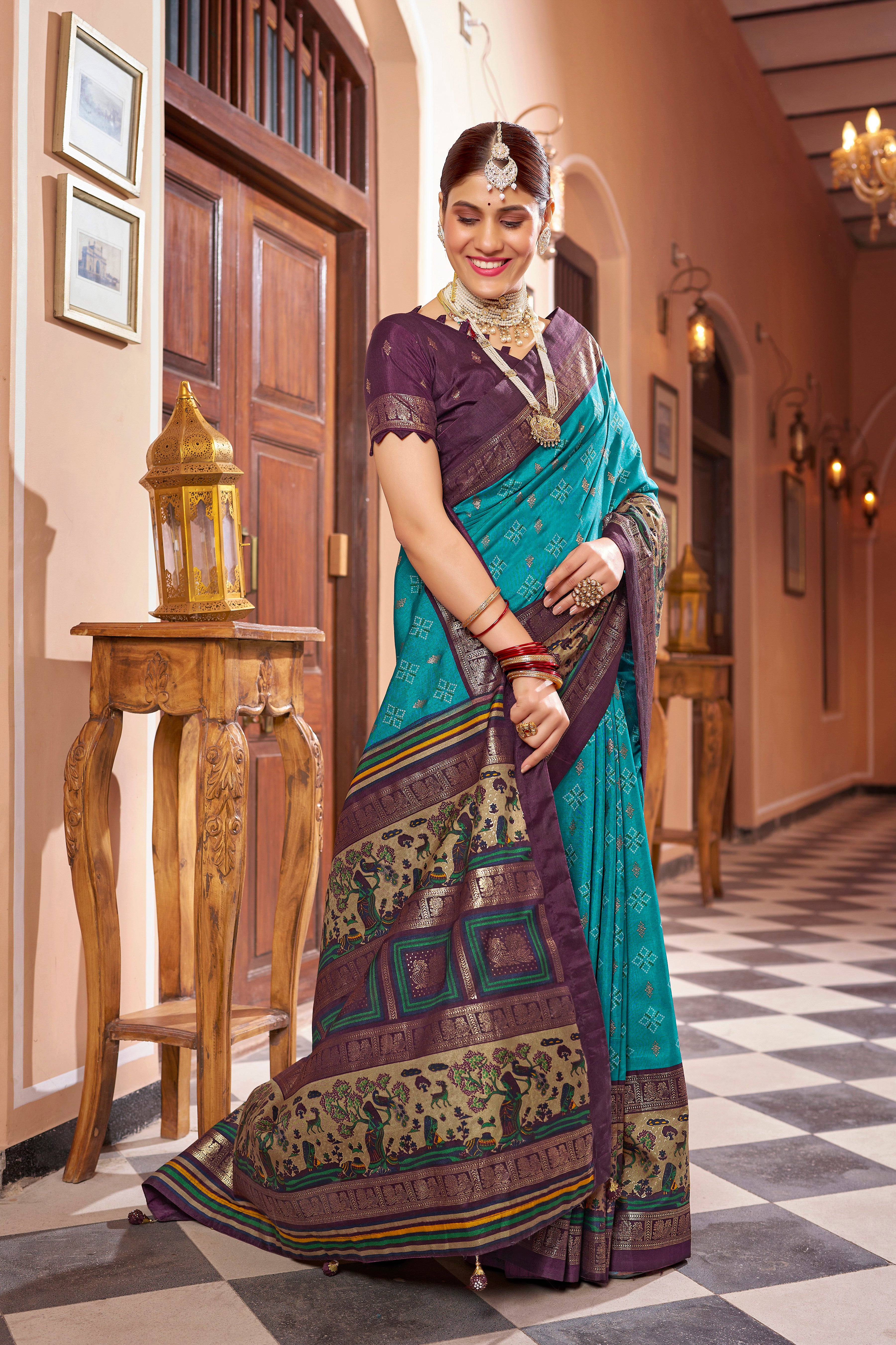 Latest Design Blue Color Dola Silk Saree