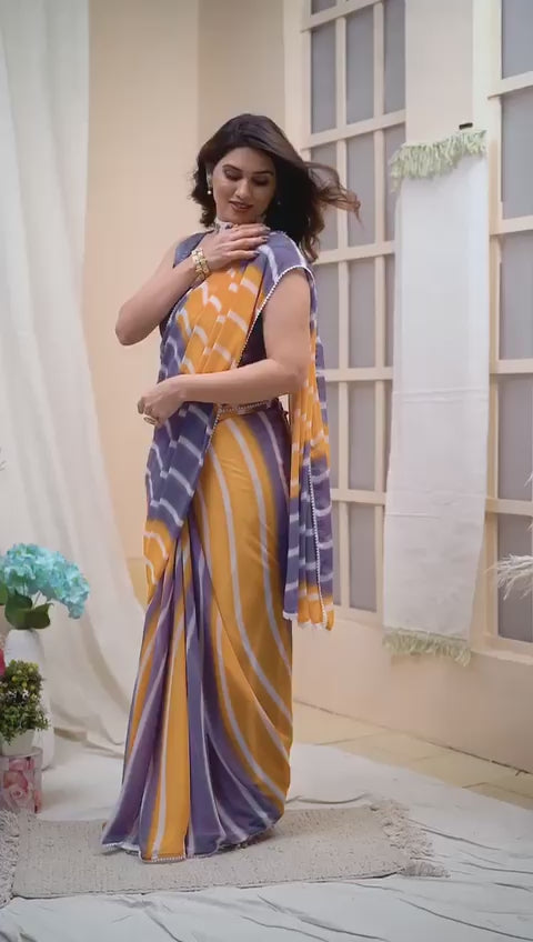 Heavy Orange &amp; Grey Color Laheriya Printed Ready To Wear Saree