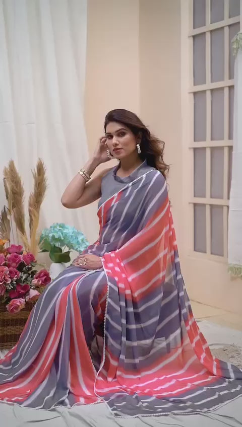 Glamorous Heavy Pink &amp; Grey Laheriya Printed Georgette Ready To Wear Saree