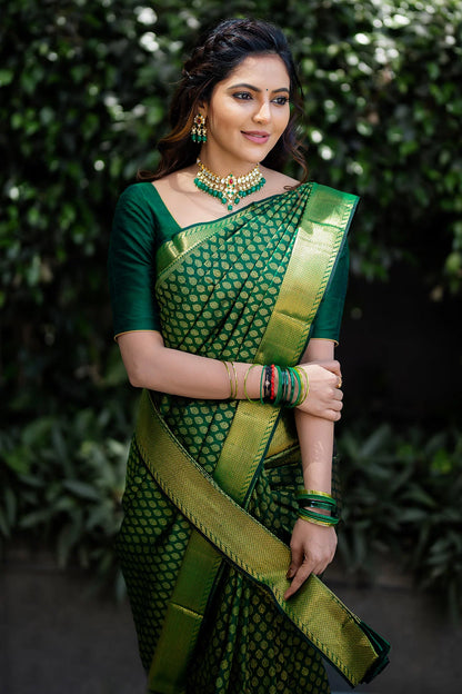 Kanjivaram Silk Party Wear Green Color Heavy Saree