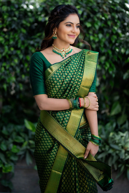 Kanjivaram Silk Party Wear Green Color Heavy Saree